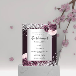 Burgund Silberfloralen Budget Einladung Hochzeit Flyer