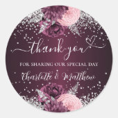 Burgund silberne Blume Herzlichen Dank für Ihre Ho Runder Aufkleber (Vorderseite)