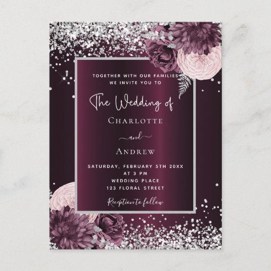 Burgund silberne, blumengeschmückte Hochzeit Einladungspostkarte (Vorderseite)