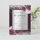 Burgund silberne florale elegante Hochzeitseinladu Einladung (Stehend Vorderseite)