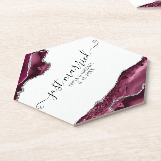 Burgund & Silver Agate Borders Just Married Untersetzer (angewinkelt)