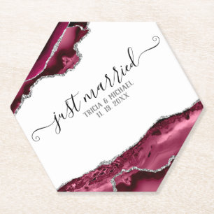 Burgund & Silver Agate Borders Just Married Untersetzer
