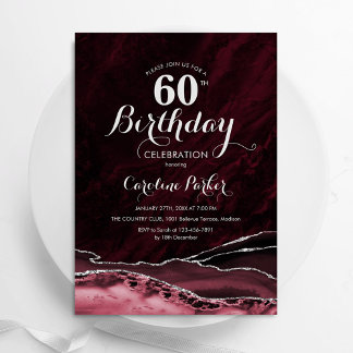 Burgund Silver Agate Marble 60. Geburtstag Einladung