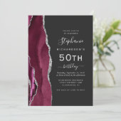 Burgund Silver Agate QR Code 50. Geburtstag Einladung (Stehend Vorderseite)