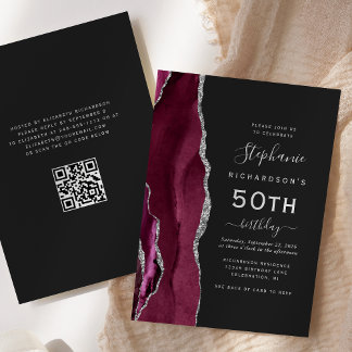 Burgund Silver Agate QR Code 50. Geburtstag Einladung