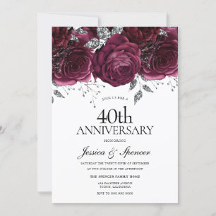 Burgund & Silver Floral 40. Hochzeitstag Einladung