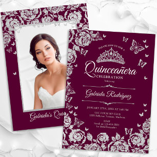 Burgund Silver Rose Quinceanera Foto Einladung