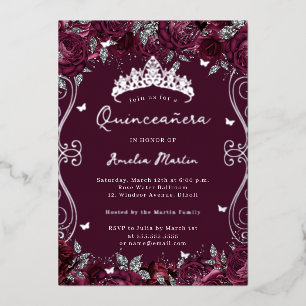 Burgund Silver Swirl Scroll Floral Quinceanera Folieneinladung