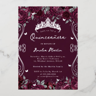 Burgund Silver Swirl Scroll Floral Quinceanera Folieneinladung