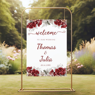 Burgund Silver Watercolor Blumenhochzeit Willkomme Poster
