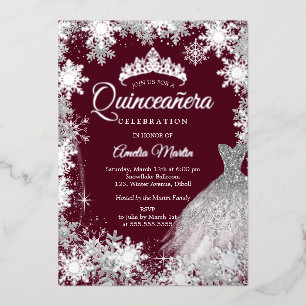 Burgund Silver Winter Snowflake Quinceanera Folieneinladung
