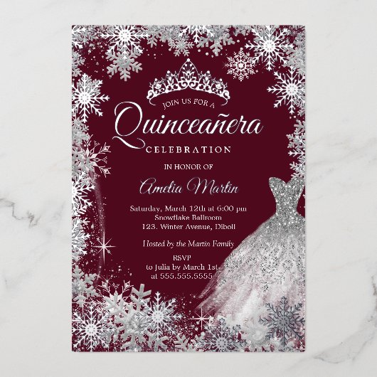 Burgund Silver Winter Snowflake Quinceanera Folieneinladung (Vorderseite)