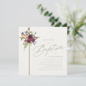 Burgund & Soft-Elfenbeinblütenkreuztaufen Einladung (Stehend Vorderseite)