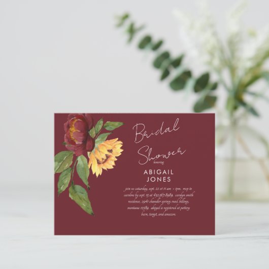 Burgund Sonnenblume Brautdusche Einladung Postkarte (Stehend Vorderseite)