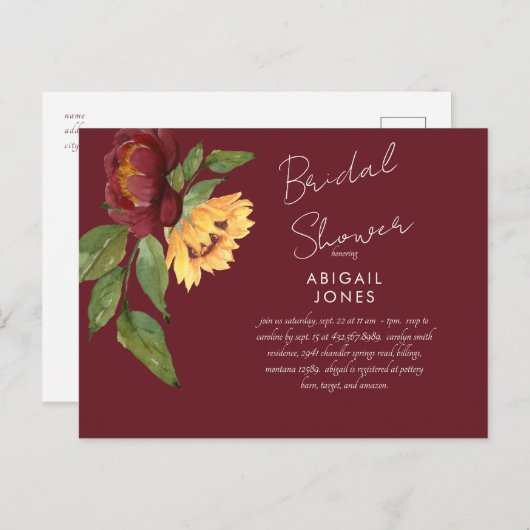 Burgund Sonnenblume Brautdusche Einladung Postkarte (Vorne/Hinten)