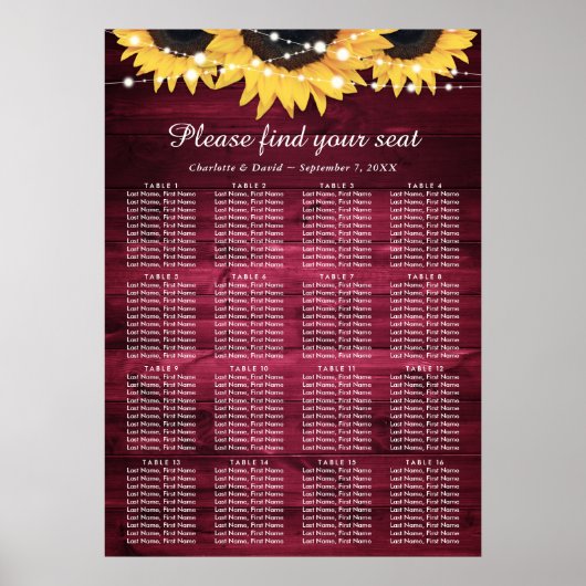 Burgund Sonnenblumen Hochzeitsplan 16 Poster (Vorne)