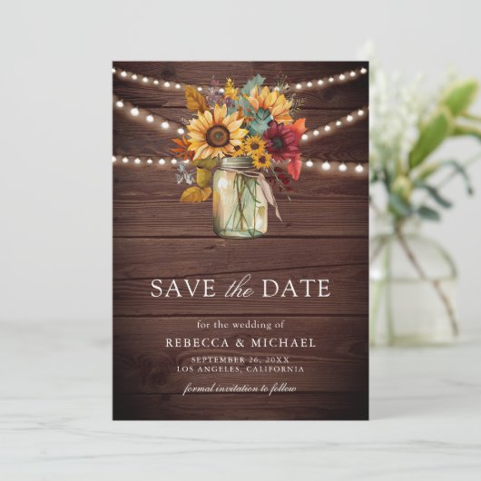 Burgund Sonnenblumen Holz QR Code Hochzeitsstich F Save The Date (Stehend Vorderseite)