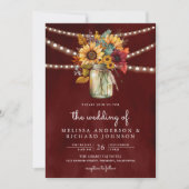 Burgund Sonnenblumen Mason Jar All in One Wedding Einladung (Vorderseite)
