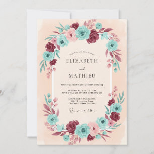 Burgund-Teal-Ranunculus-Eukalyptus-Hochzeit Einladung