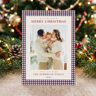 Burgund und Blau Gingham Weihnachtsfoto Feiertagskarte