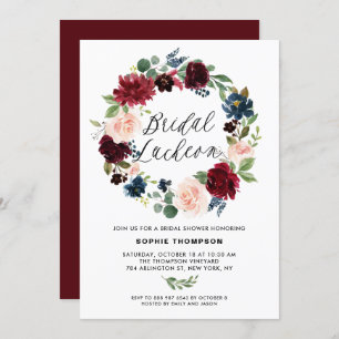 Burgund und Blauer Blumenreath Bridal Luncheon Einladung