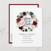 Burgund und Blauer Blumenreath Save the Date Ankündigungspostkarte (Vorne/Hinten)