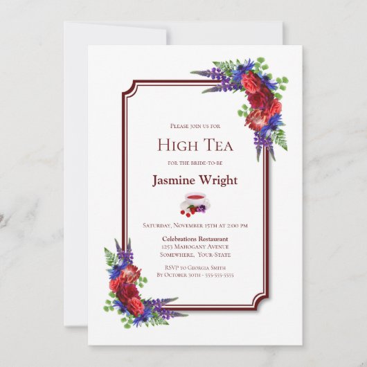 Burgund und Blauer Blumenstrauß Hoher Tee Einladung (Vorderseite)