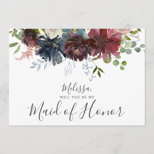 Burgund und Blauer Floral be Meine Trauzeugin Einladung