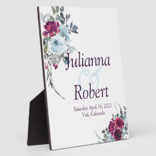 Burgund und blaues Aquarell Blumen Hochzeitsschild Fotoplatte