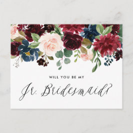 Burgund und Blue Floral Garland Junior Bridesmaid Einladungspostkarte