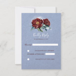 Burgund und Blue Watercolor Blume Hochzeitsszenari RSVP Karte