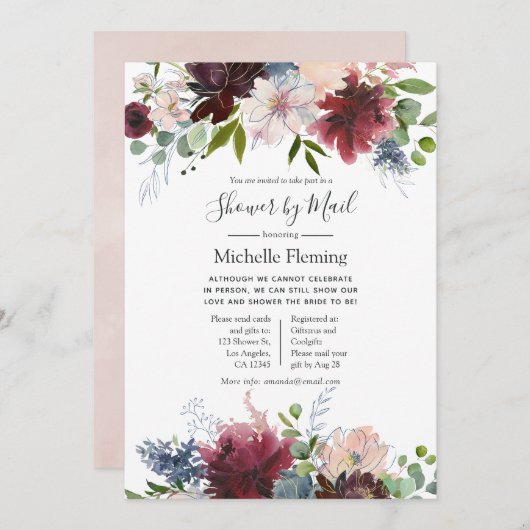 Burgund und Blush Baby oder Brautparty per Mail Einladung (Vorne/Hinten)