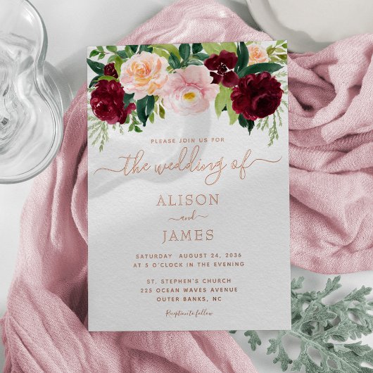 Burgund und Blush Bloral Wedding Rose Gold Folieneinladung
