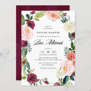 Burgund und Blush Blumenreath Fall Bar Mitzvah Einladung