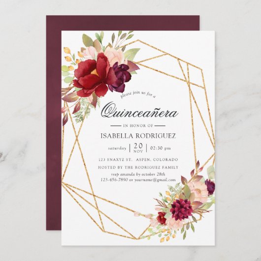 Burgund und Blush Boho Geometric Quinceañera Einladung (Vorne/Hinten)
