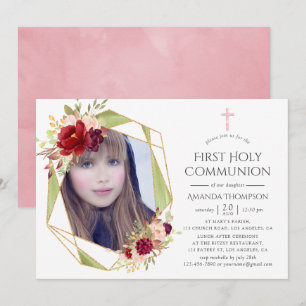 Burgund und Blush Geometric Erste Heilige Kommune Einladung