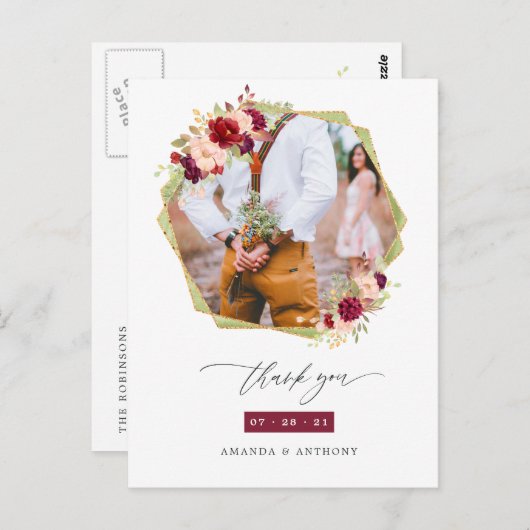 Burgund und Blush Geometric Wedding Vielen Dank Postkarte (Vorne/Hinten)