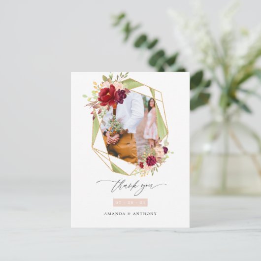 Burgund und Blush Geometric Wedding Vielen Dank Postkarte (Stehend Vorderseite)