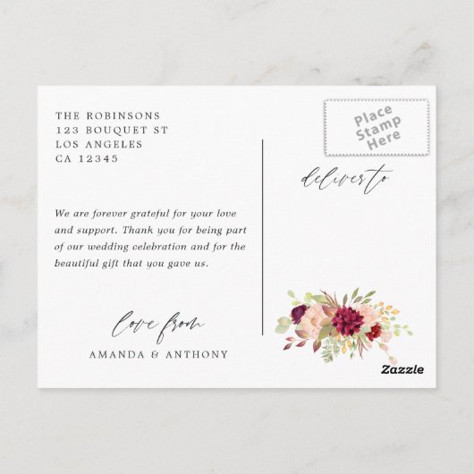 Burgund und Blush Geometric Wedding Vielen Dank Postkarte (Rückseite)