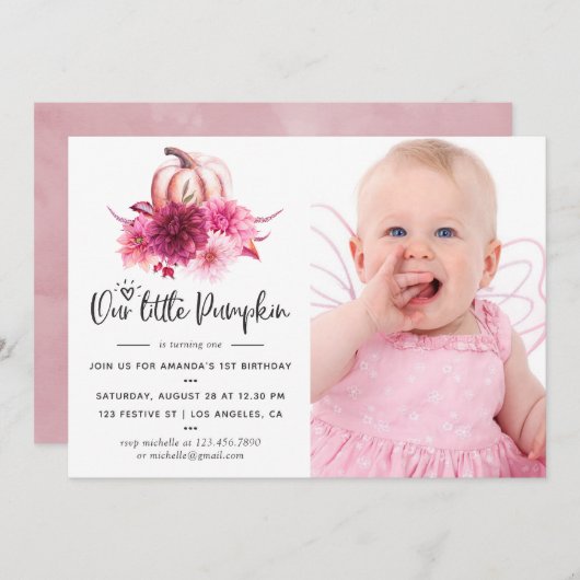 Burgund und Blush Herbst Pumpkin Geburtstag Einladung (Vorne/Hinten)