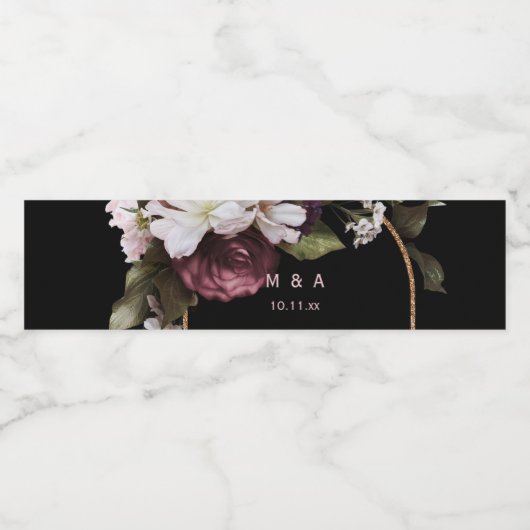 Burgund und Blush Pink Florals auf der Schwarzen H Wasserflaschenetikett (Einzelnes Label)