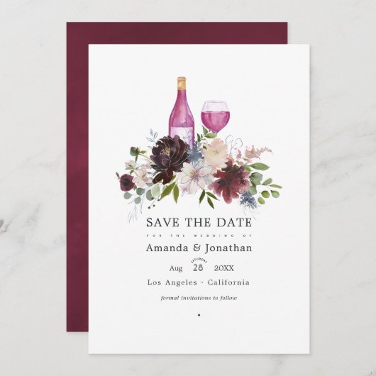 Burgund und Blush Pink Weinprobe Hochzeit Save The Date (Vorne/Hinten)