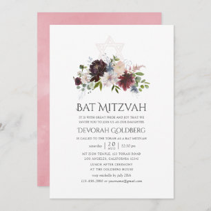 Burgund und Blush Wasserfarbe Blumenbast Mitzvah Einladung