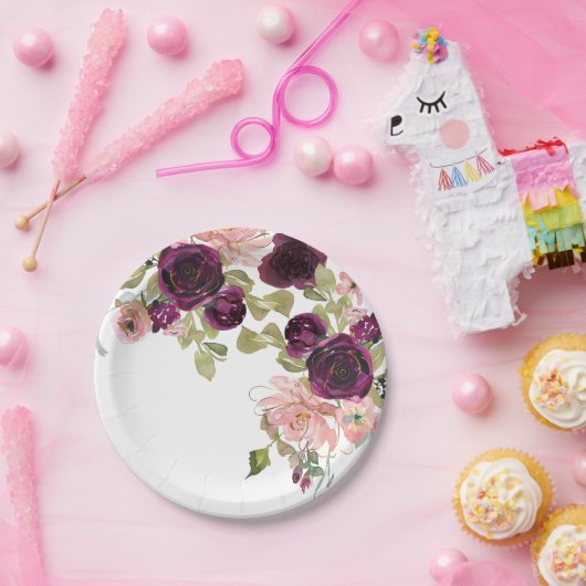 Burgund und Blush Wasserfarbe Blumenstrauß Pappteller (Party)