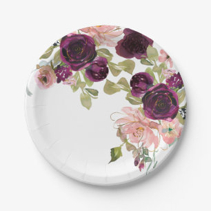 Burgund und Blush Wasserfarbe Blumenstrauß Pappteller