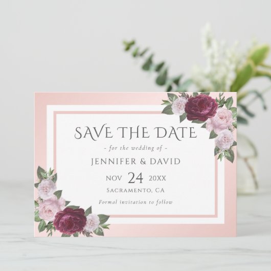 Burgund und Blush Wedding speichern das Datum Save The Date (Stehend Vorderseite)
