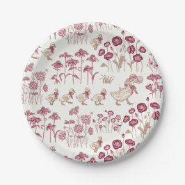 Burgund und Braun, Vintage Wildblumen und Enten Pappteller