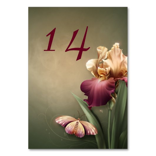 Burgund und Cream Iris Wedding Tischnummer Card (Vorderseite)