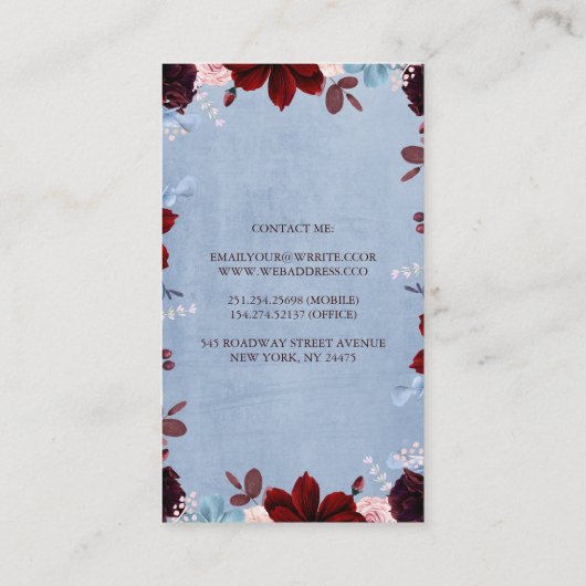 Burgund und Dusty Blue Floral Wasserfarbe Visitenkarte (Rückseite)
