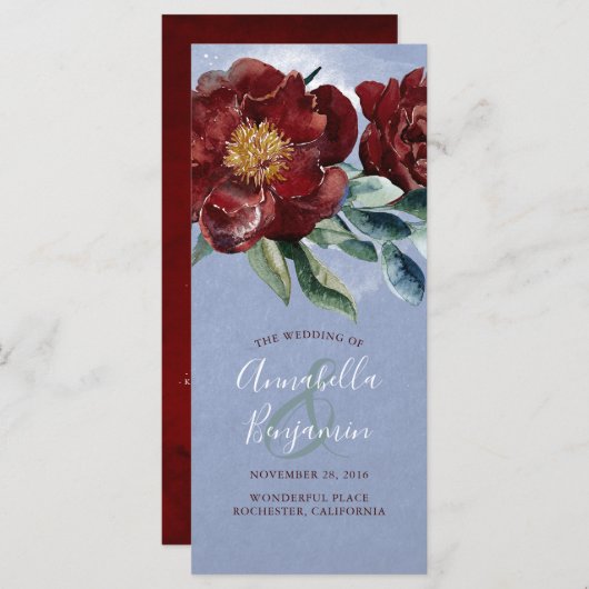 Burgund und Dusty Blue Romantic WedPrograms Programm (Vorne/Hinten)